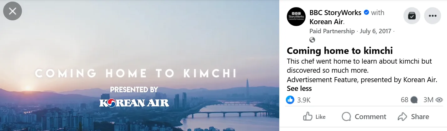 BBC StoryWorks Facebook post for Coming home to kimchi, July 6, 2017, showing 3M views