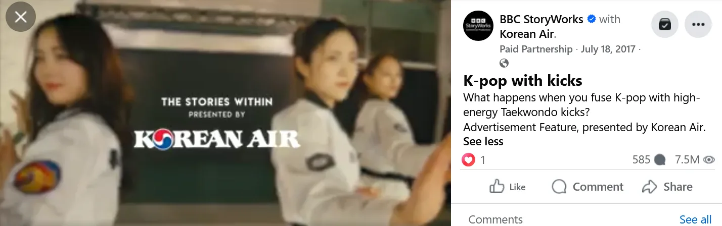 BBC StoryWorks Facebook post for K-pop with kicks, July 18, 2017, showing 7.5M views