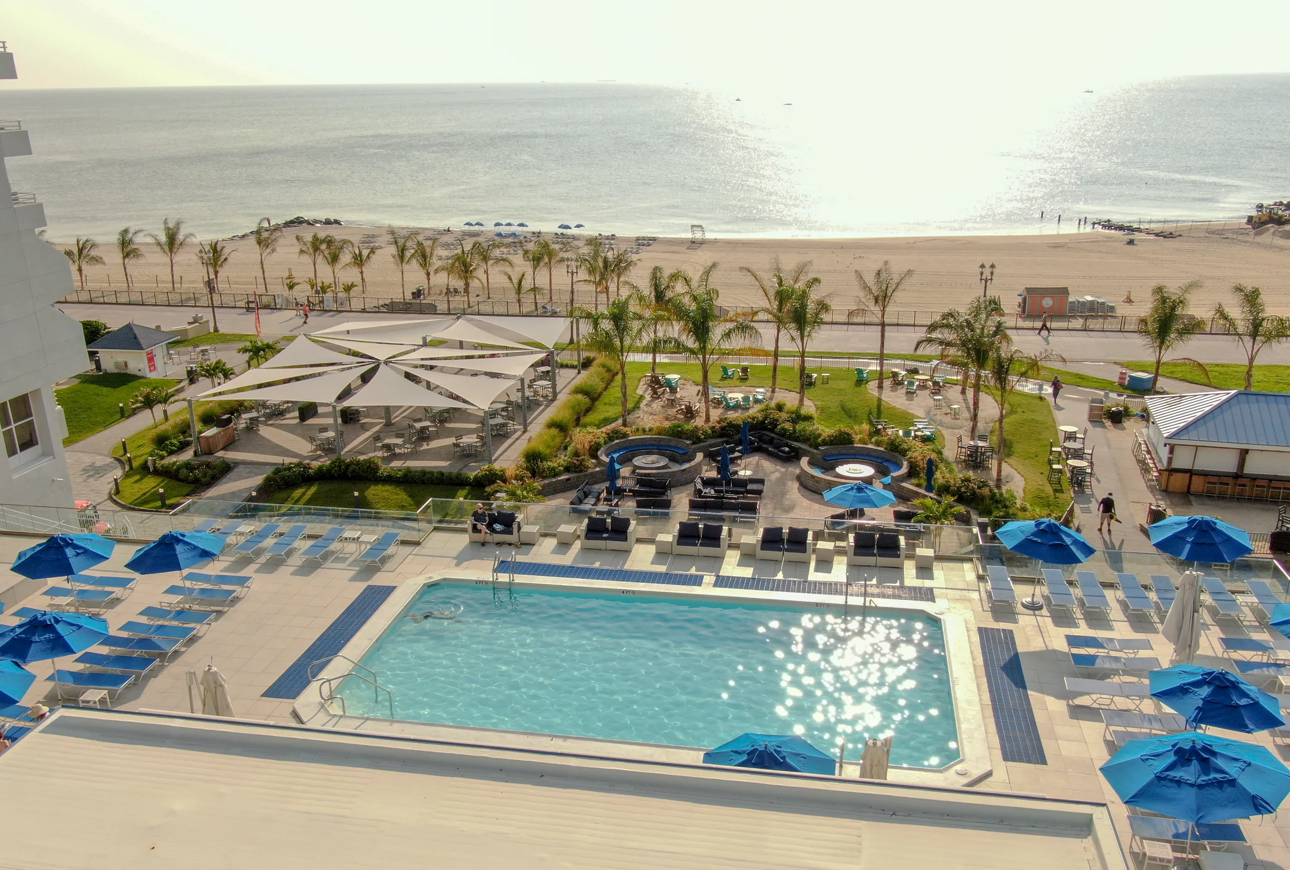 The pool terrace above the beach and boardwalk